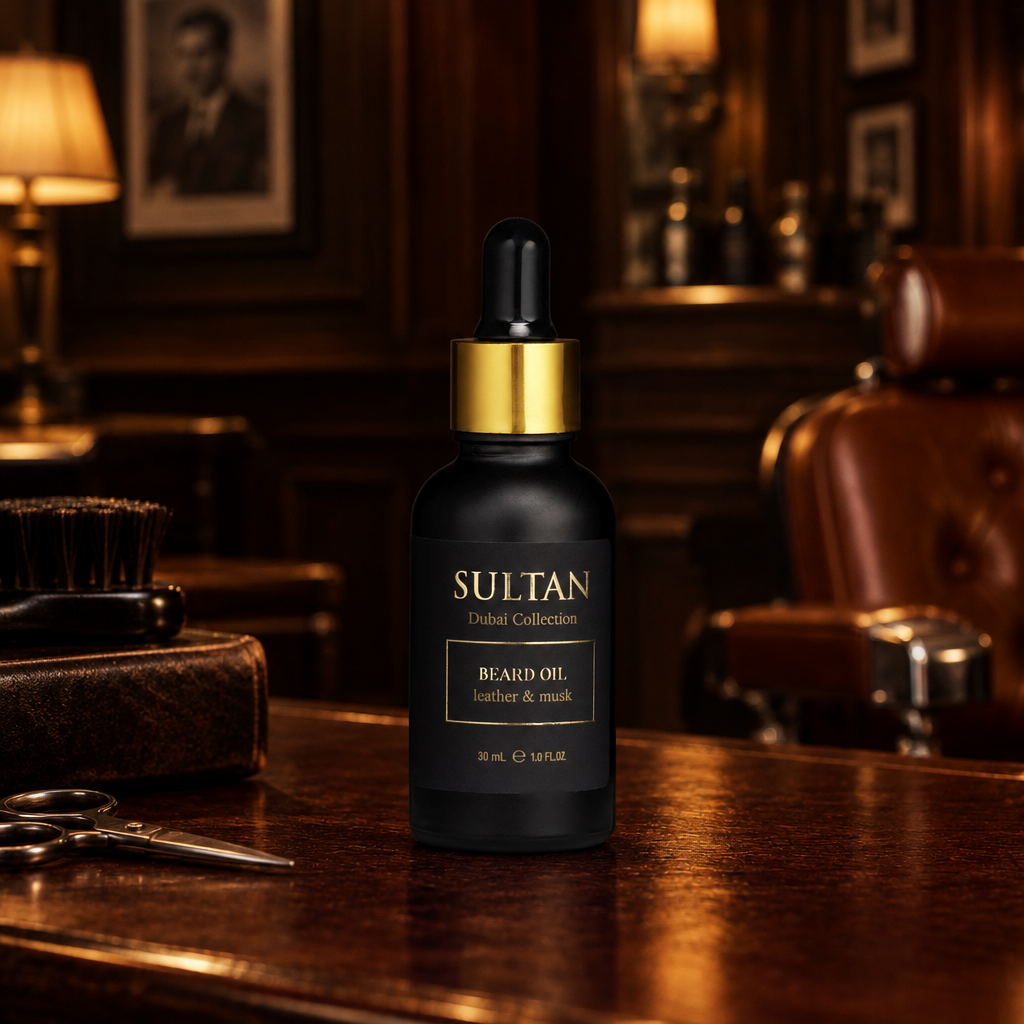 Sultan Beard Oil 30 ml i klassisk barbershop med mörk mahogny