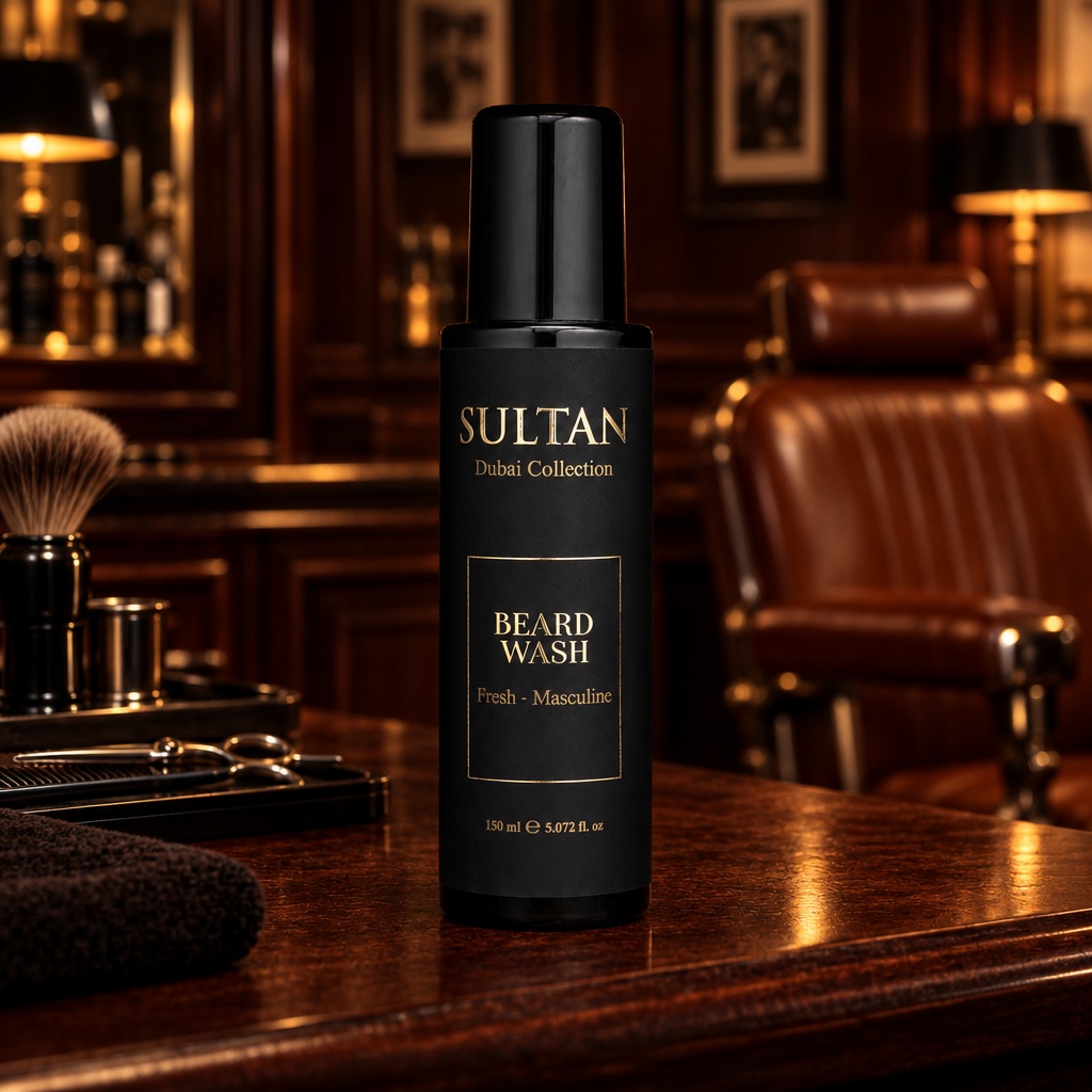 Sultan Beard Wash 150 ml i klassisk barbershop med mörk mahogny
