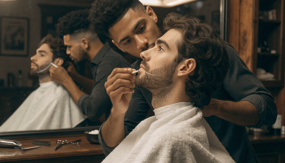 Barber planning a beard shape in the mirror (AI-generated illustration)