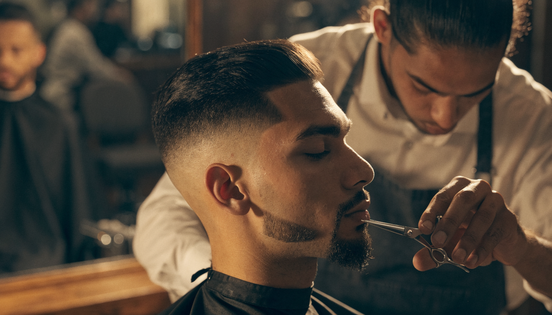 Barber shaping a Van Dyke goatee (AI-generated illustration)