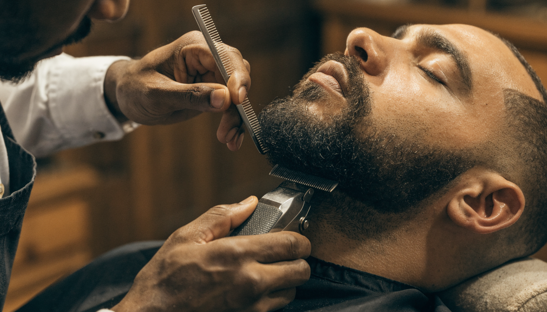 Barber trimming a beard with clippers (AI-generated illustration)