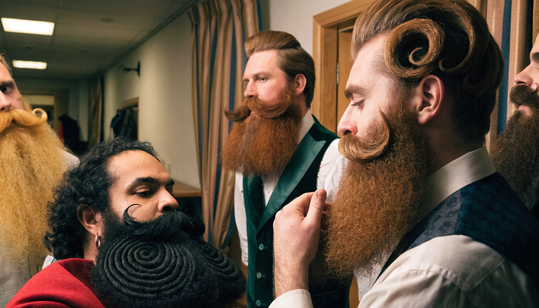 Competitors at a beard and moustache championship (AI-generated illustration)