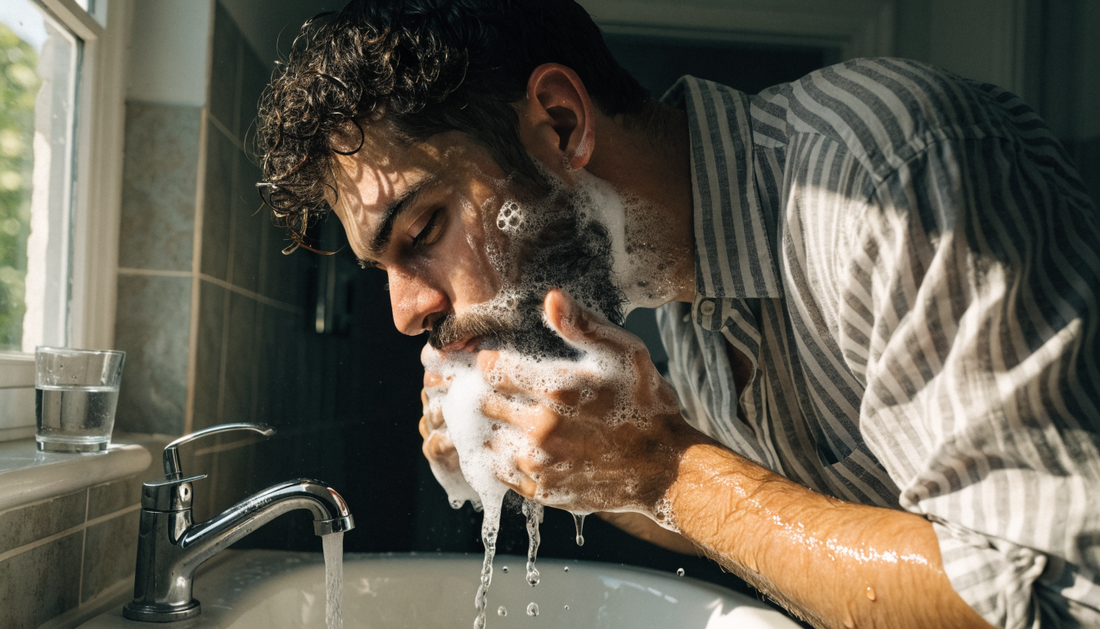 Man washing his beard at a sink (AI-generated illustration)