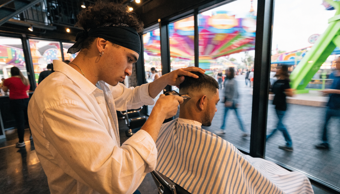Barbershop inside a theme park (AI-generated illustration)