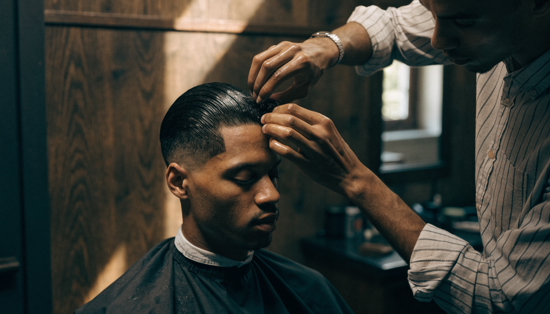 Barber styling a short haircut with pomade (AI-generated illustration)