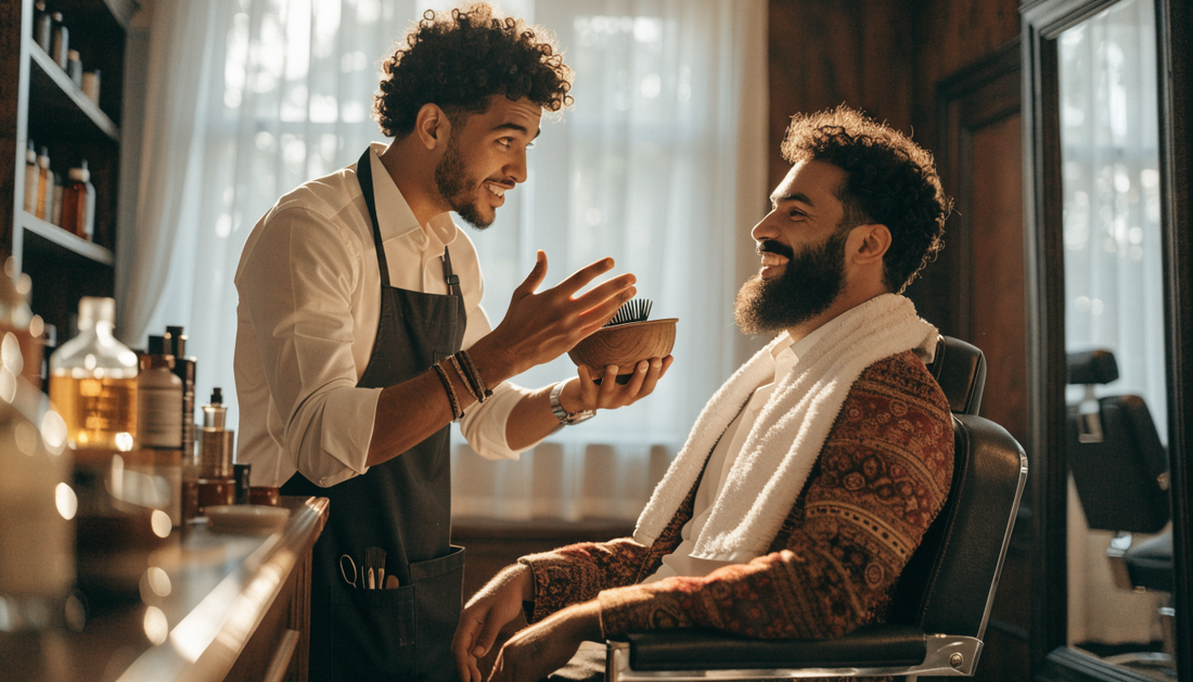 Barber explaining beard care to a client (AI-generated illustration)