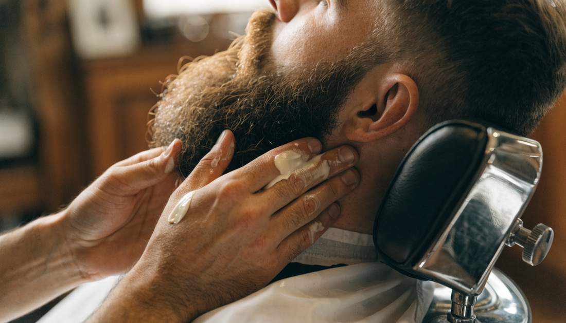 Barber working balm into a client's beard (AI-generated illustration)