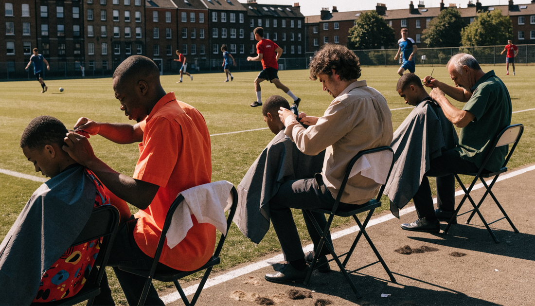 Volunteer barbers at the touchline of a football pitch (AI-generated illustration)
