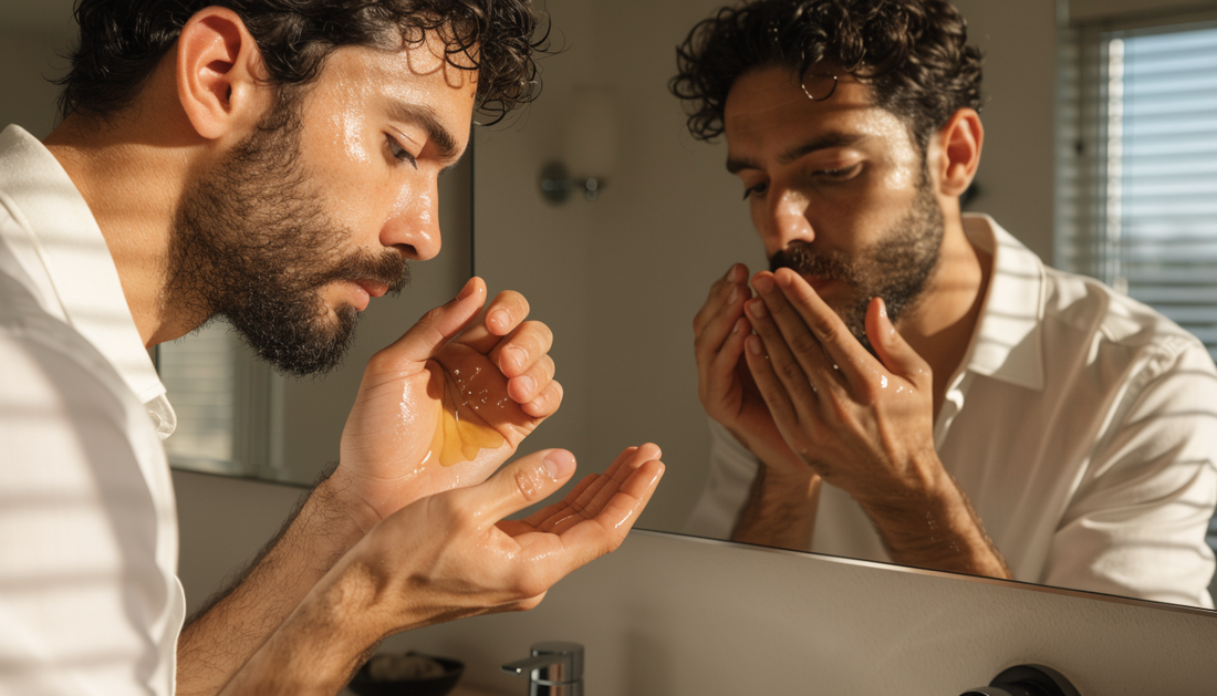 Man applying beard oil (AI-generated illustration)