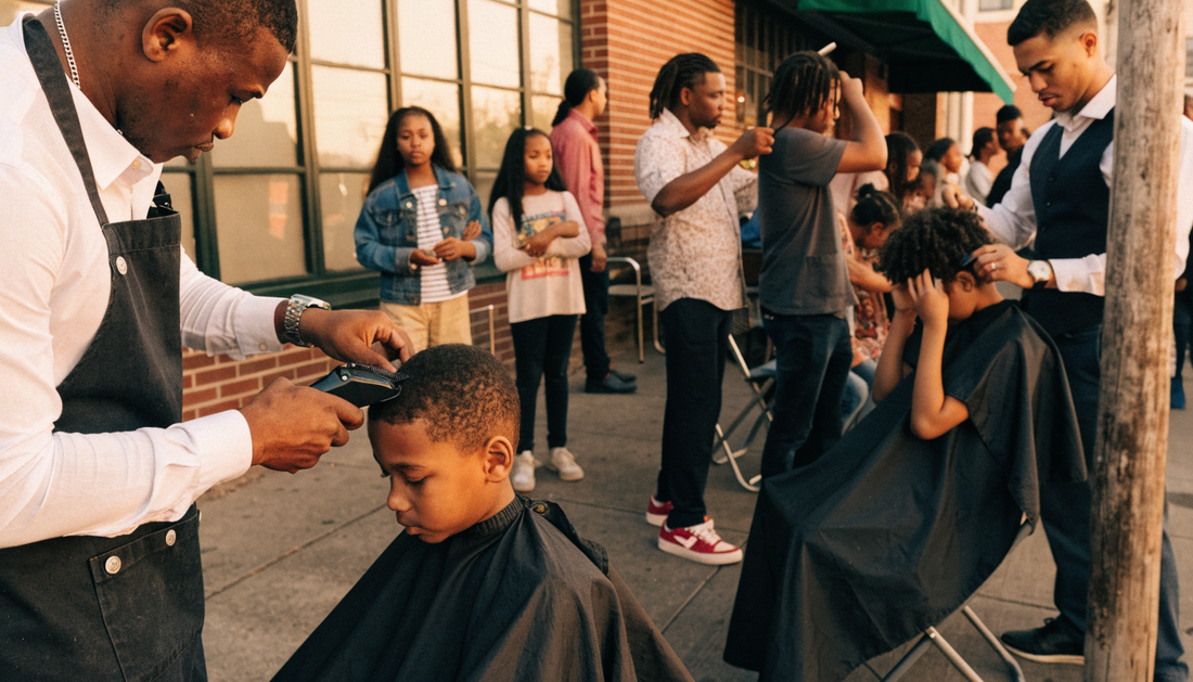 Barbers giving free haircuts at a community event (AI-generated illustration)