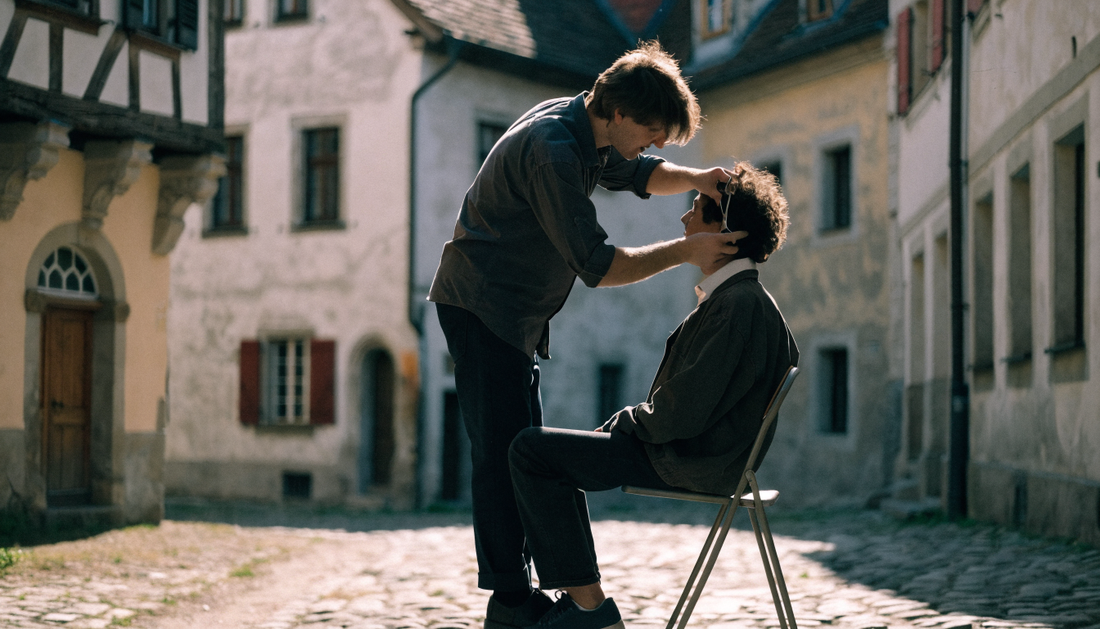 Volunteer barber cutting hair in a courtyard (AI-generated illustration)