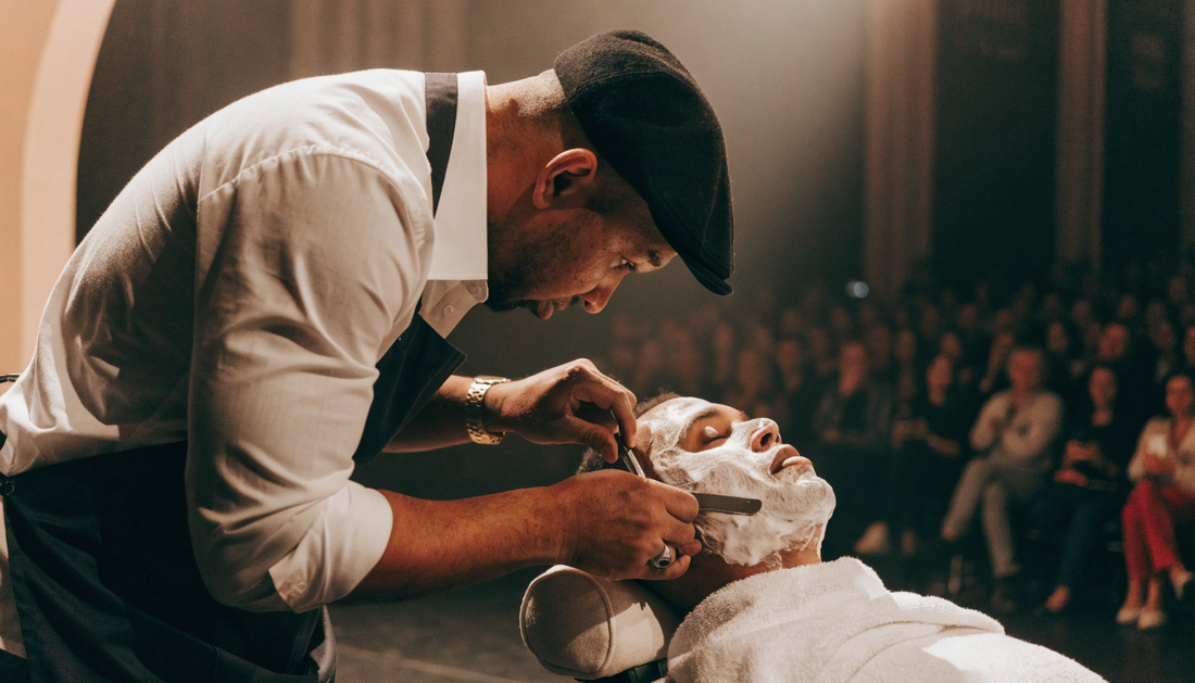 Hot-towel wet shave at a live barber event (AI-generated illustration)
