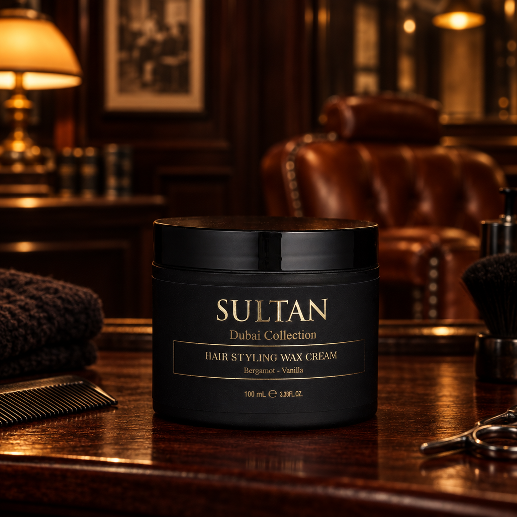 Sultan Hair Styling Wax Cream 100 ml i klassisk barbershop med mörk mahogny