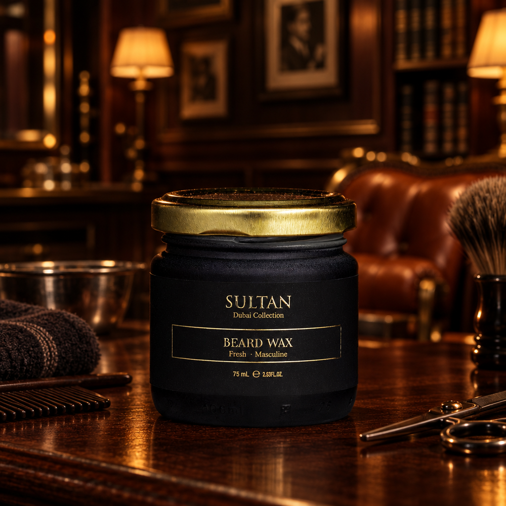 Sultan Beard Wax 75 ml i klassisk barbershop med mörk mahogny