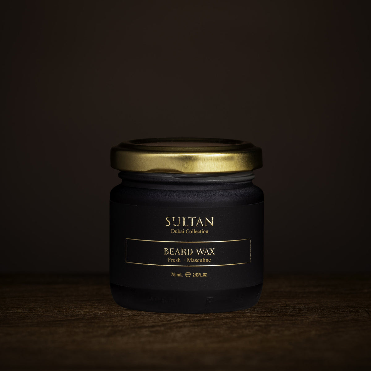 Sultan Beard Wax 75 ml matte light-hold beard wax in a black glass jar with gold lid