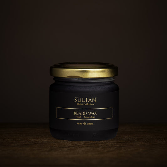 Sultan Beard Wax 75 ml matte light-hold beard wax in a black glass jar with gold lid
